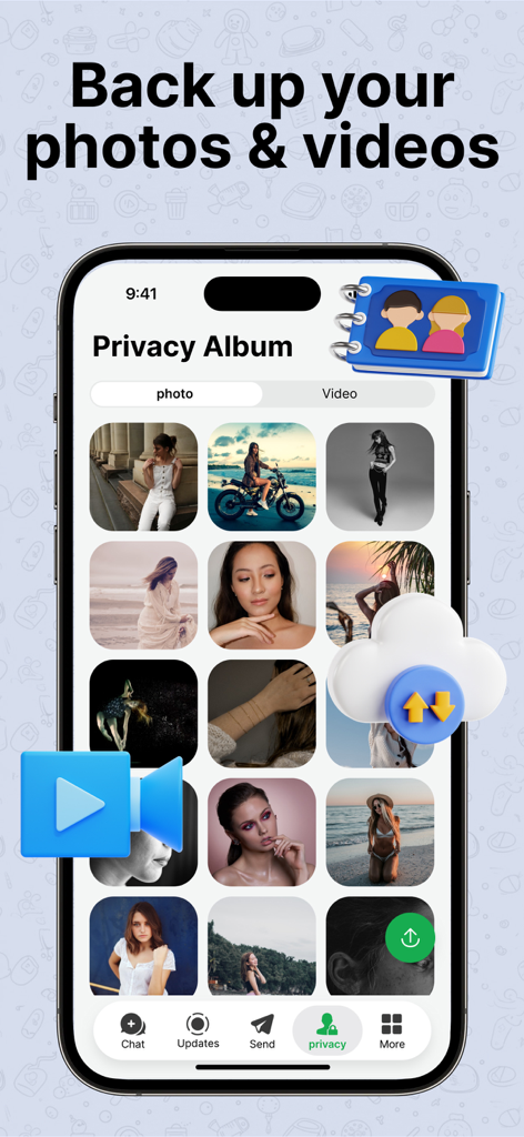 Dual Web Chat WAPP - Captura de pantalla de la función de álbum de privacidad en Dual Web Chat WAPP mostrando una galería de fotos y una opción de copia de seguridad en la nube.