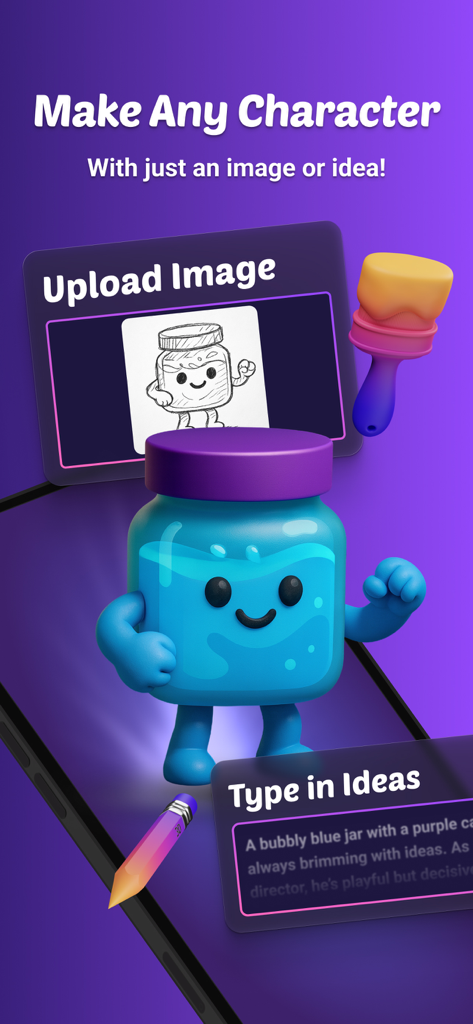 Interfaz de la aplicación Jars AI que muestra cómo crear un personaje 3D a partir de un boceto o una indicación de texto