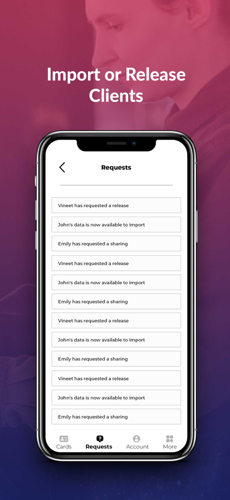 Salon Card For Hair & Beauty - Una schermata del telefono cellulare che mostra la pagina delle richieste dell'app Salon Card dove gli utenti possono importare o rilasciare i dati dei clienti.