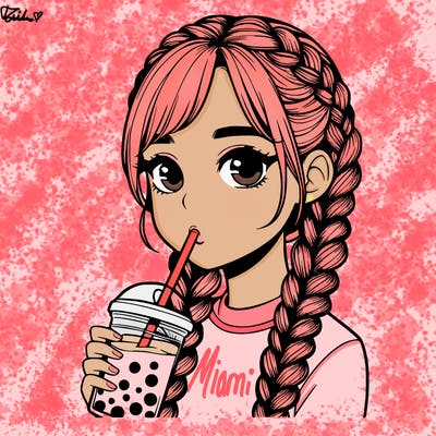 realistic girl with braided hair drinking boba