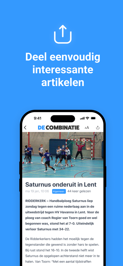 Combinatie Ridderkerk - Oberfläche der Combinatie Ridderkerk App mit einem Nachrichtenartikel und einer Freigabeaufforderung