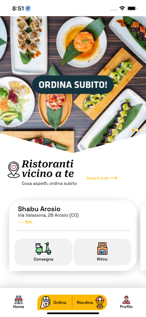 Shabu - il sushitalian - Shabu sushitalian app home screen showing nearby restaurants and food delivery options