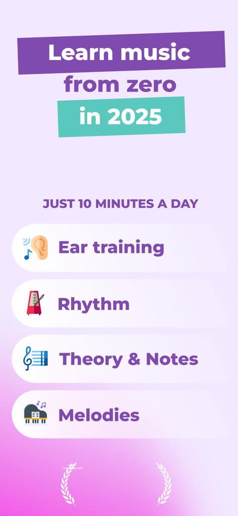 Talented: Music Learning App - Vista general de las características de la app Talented, incluyendo entrenamiento del oído, ritmo, teoría musical y melodías para aprender música en 10 minutos al día.