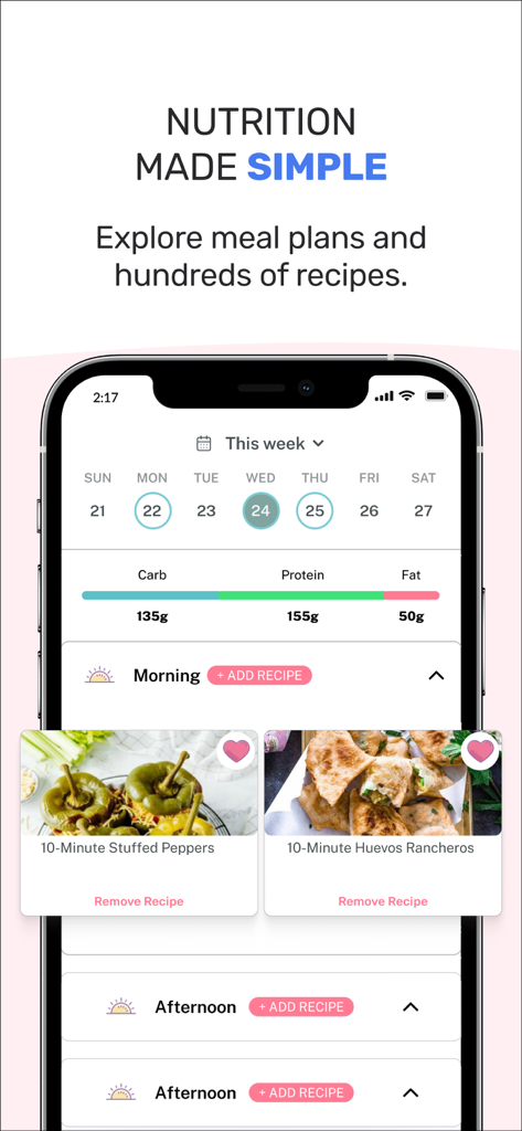 Nutrition and meal planning interface with macro tracking and healthy recipes for women.