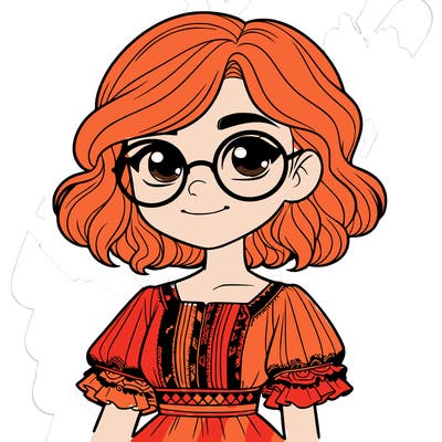 one girl with medium short hair, which are wavy. she has round glasses. she wears a latina outfit.