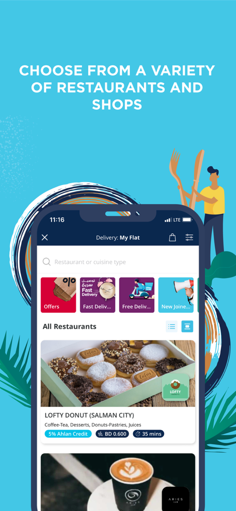 Ahlan Rewards - Ahlan Rewards app interface showing a list of restaurants and food categories like donuts and coffee