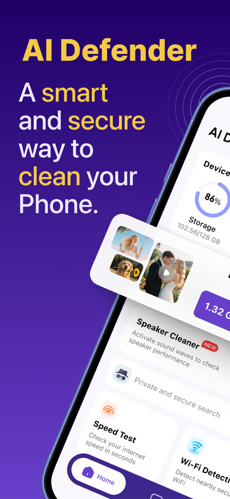 AI Defender - Phone Cleaner - AI Defender app dashboard showing phone cleaning and security features