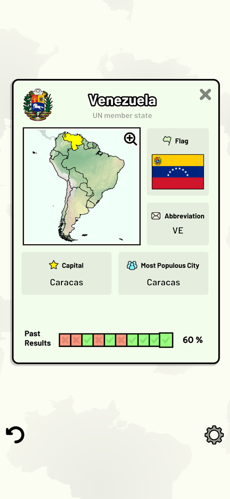 A screen from the South American Countries Quiz app displaying geography details for Venezuela including its map location flag capital and past quiz results