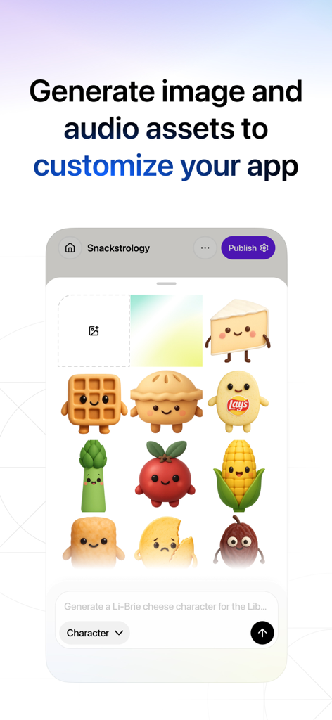 Vibecode - AI App Builder - Una pantalla móvil que muestra la aplicación Vibecode generando activos de personajes de comida lindos para una aplicación llamada Snackstrology usando prompts de IA.