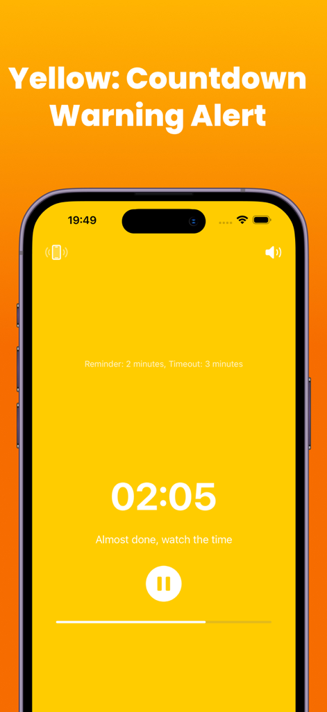 Interfaz de la aplicación PaceTimer que muestra una pantalla de alerta de advertencia amarilla en un iPhone
