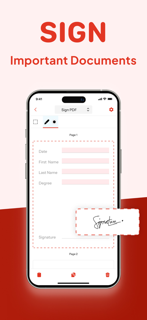 PDF Editor App | Edit Document - Una pantalla de iPhone que muestra la función de firma digital de un editor de PDF para firmar documentos importantes.