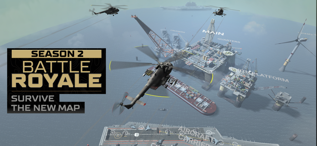 Combat Master Mobile - Vista aerea della mappa Battle Royale di Combat Master Stagione 2 con una piattaforma petrolifera offshore e elicotteri