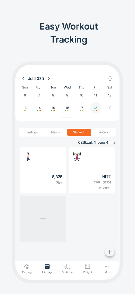 SimFast: Fasting Tracker - Interfaz de la aplicación SimFast que muestra el seguimiento de ejercicios con un calendario y registros de ejercicios para HIIT y caminatas.