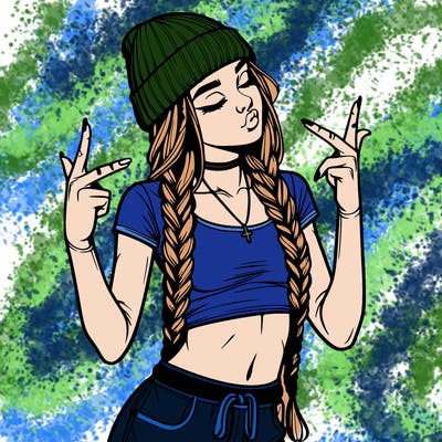 realistic teenage girl with braids and a beanie and crop top doing 🫶🏼