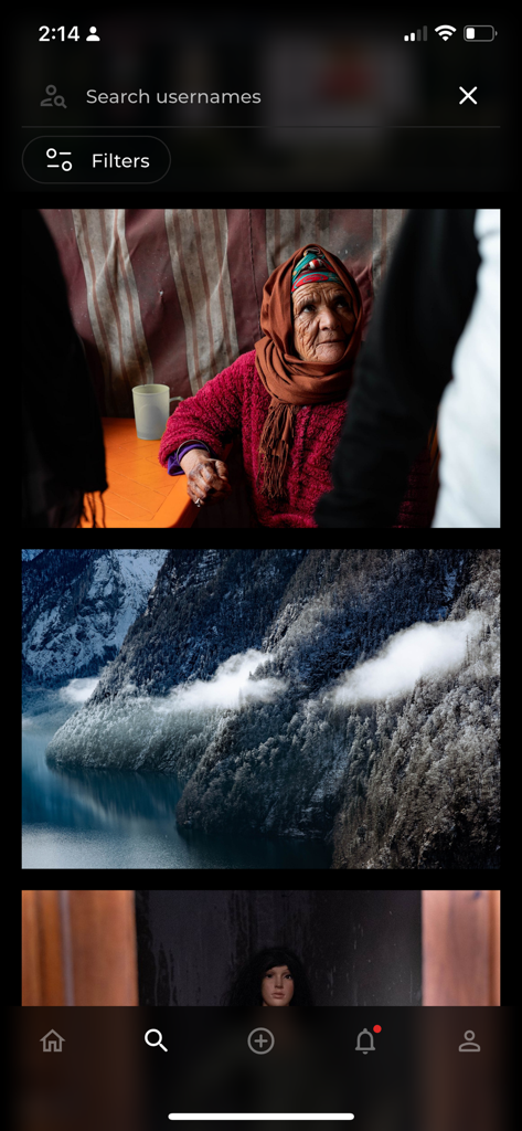 Foto Inc - Foto Inc mobile app search interface displaying high quality artistic portrait and landscape photographs in a clean feed