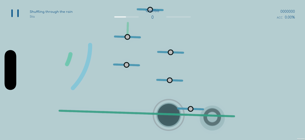 Simple-纯律音韵 - Uno screenshot del gioco ritmico minimalista Simple che mostra note che cadono e un'interfaccia senza tracce su uno sfondo blu.