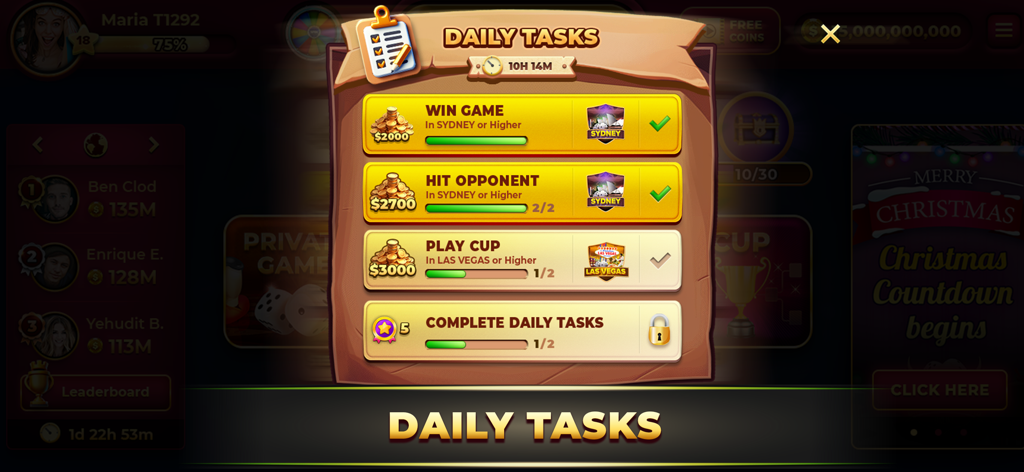 Daily tasks and rewards menu in the Backgammon King Online game