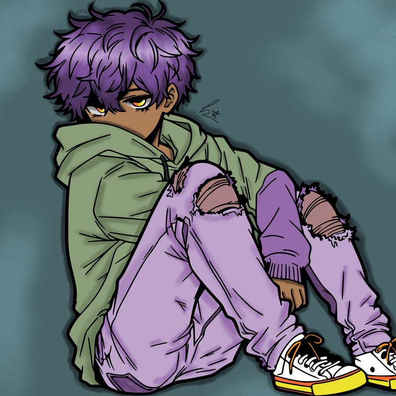 a male hoddie ripped jeans messy hair anime