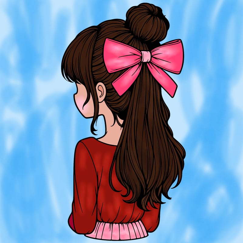 realistic girl  with hip length hair a bun and a big bow on the back of head