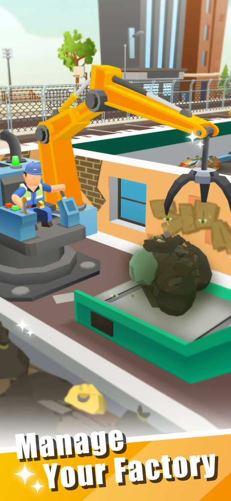 Garbage Tycoon - Idle Game - Un trabajador de fábrica operando una gran garra robótica amarilla para clasificar basura en una cinta transportadora.