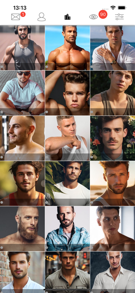 Grid layout showing multiple men's profile pictures on the myBOY dating app interface.