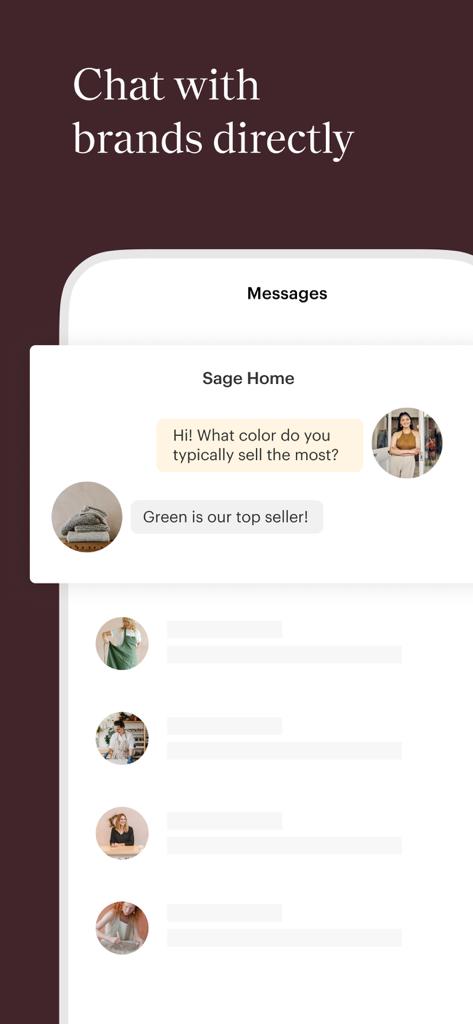 Interface of the Faire Wholesale app showing a direct message conversation between a retailer and a brand