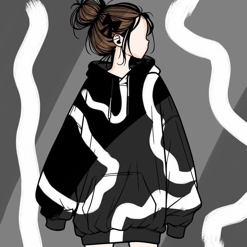 realistic girl with a oversized sweatshirt on and a bun