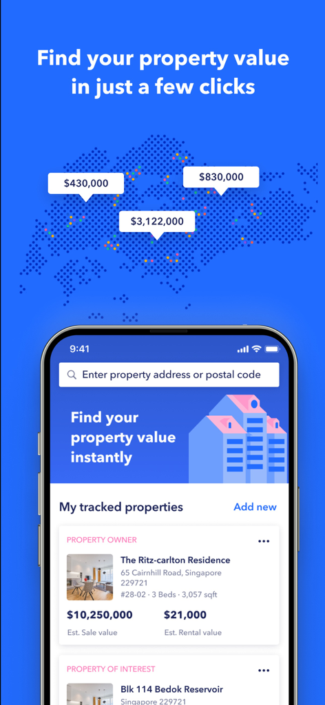 99.co Singapore Property, HDBs - 99.co app interface showing Singapore property valuation map and tracked property listings