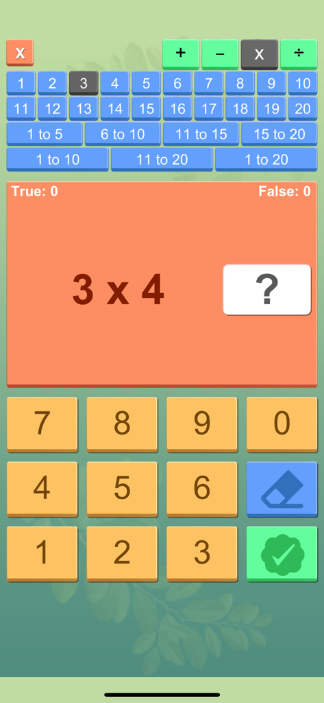 Math Tables with Quiz - Multiplication table quiz interface showing 3 times 4 with a numeric keypad and score tracker