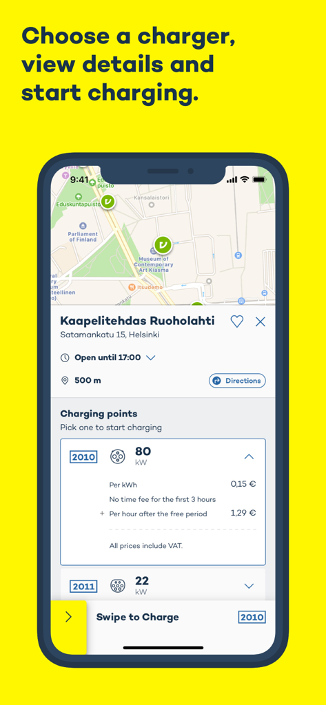 Virta app showing a map of EV charging locations and specific station details with pricing and a swipe to charge button
