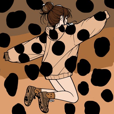 realistic girl jumping with a bun and oversized sweatshirt