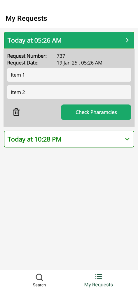 MEDwhere - Screenshot des Bildschirms „Meine Anfragen“ in der MEDwhere-App, der eine Liste von Apothekenproduktanfragen mit einer Schaltfläche „Apotheken prüfen“ zeigt