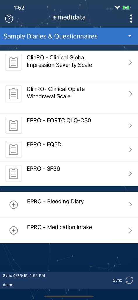 Patient Cloud - Interface of the Patient Cloud app showing a list of clinical diaries and questionnaires like EPRO and ClinRO