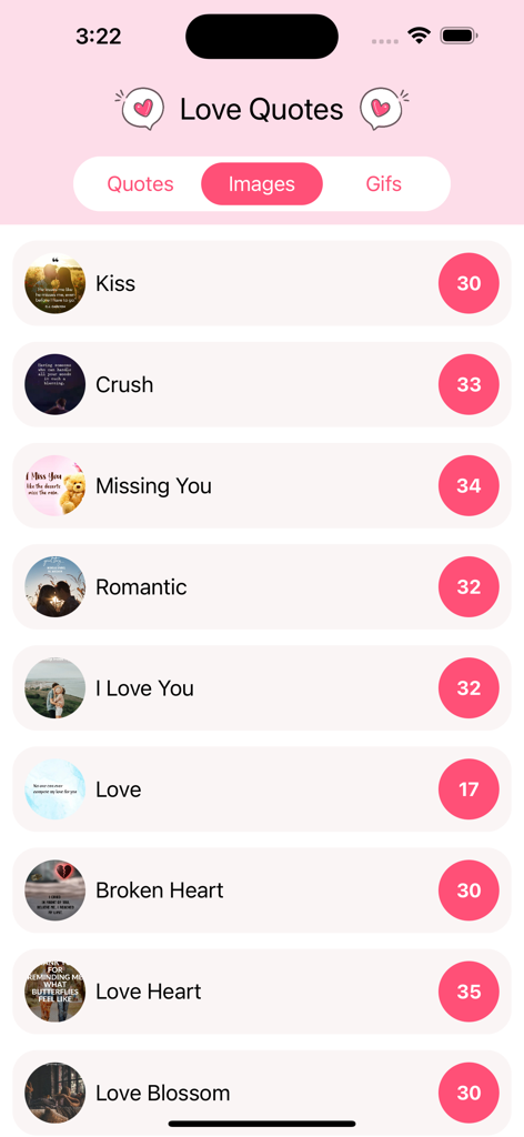 Best Romantic Love Quotes - Interface of the Best Romantic Love Quotes app showing categories for romantic images and quotes