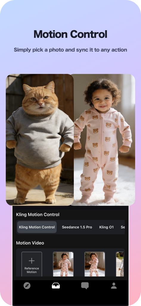 LittyVibe: AI Creative Hub - LittyVibe app Motion Control feature showing a cat and a baby in matching synchronized poses