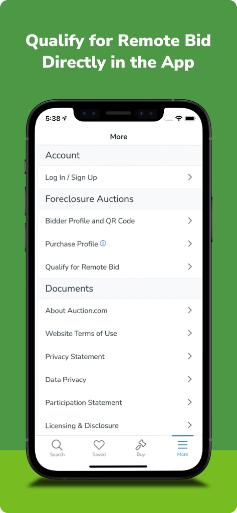 Auction.com - Homes for Sale - Auction.com mobile app screen showing options for remote bidding and foreclosure auctions