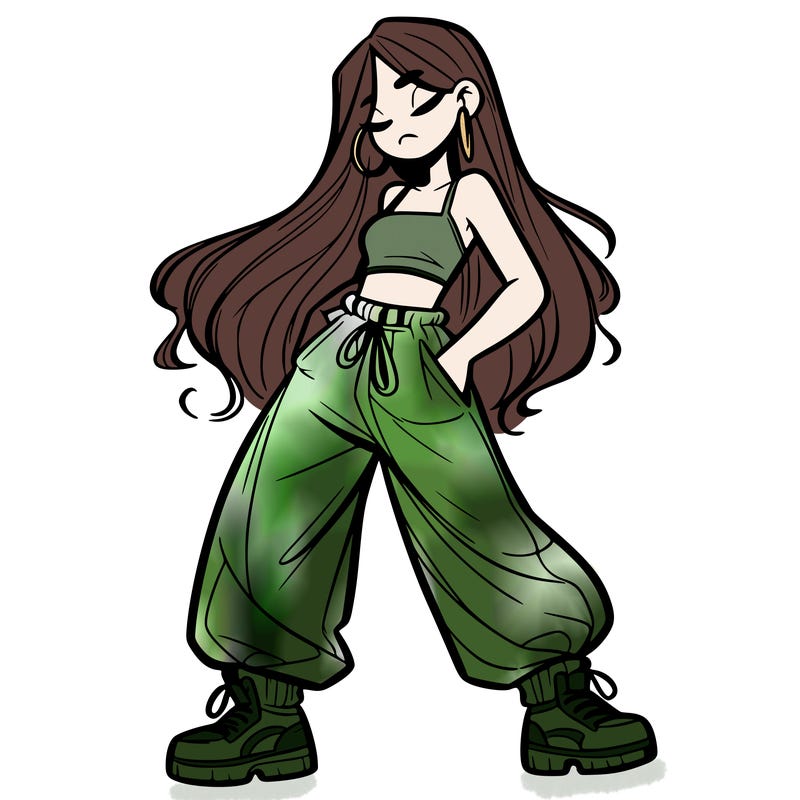 girl in baggy pants crop top and long hair