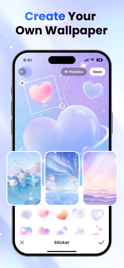 Interfaz de la aplicación ThemeMate para crear fondos de pantalla personalizados con pegatinas de corazones estéticos y fondos pastel.