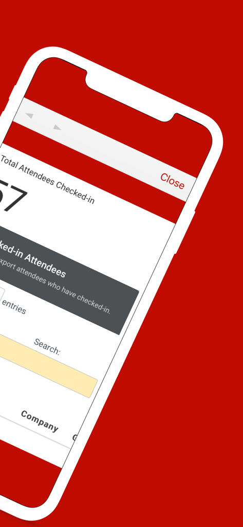 Interface of the Event Ticket Scanner app showing total attendees checked in and a searchable list of attendee data including company names.