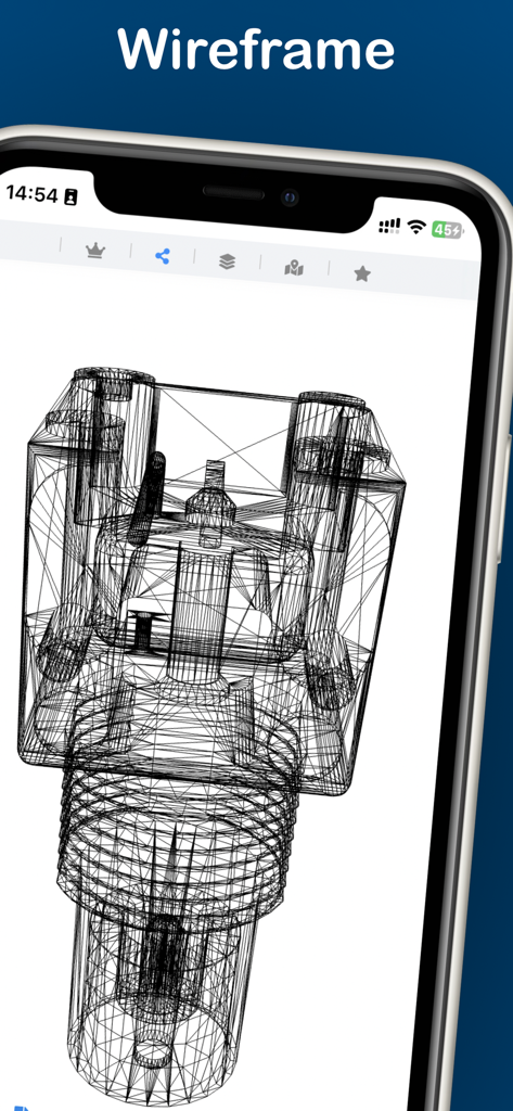 STEPファイルビューアアプリを使用したスマートフォンで、ワイヤーフレームモードで表示された3D機械モデル。