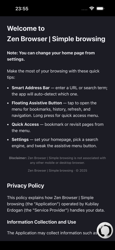 Willkommensbildschirm der Zen Browser App, der seine einfachen Surf-Funktionen und Datenschutzrichtlinien hervorhebt