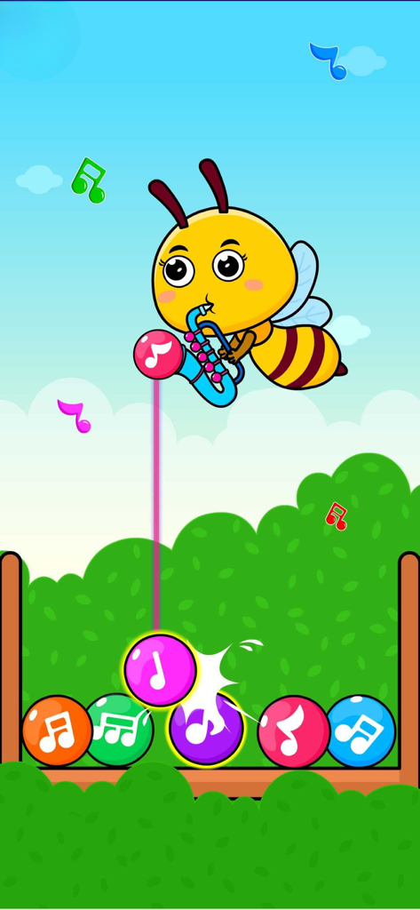 A cartoon bee playing a saxophone while shooting musical note bubbles in a toddler educational game