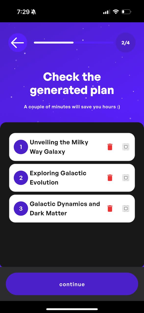 AI Presentation Generator - A mobile app screen showing a generated presentation outline with three slides about the Milky Way Galaxy
