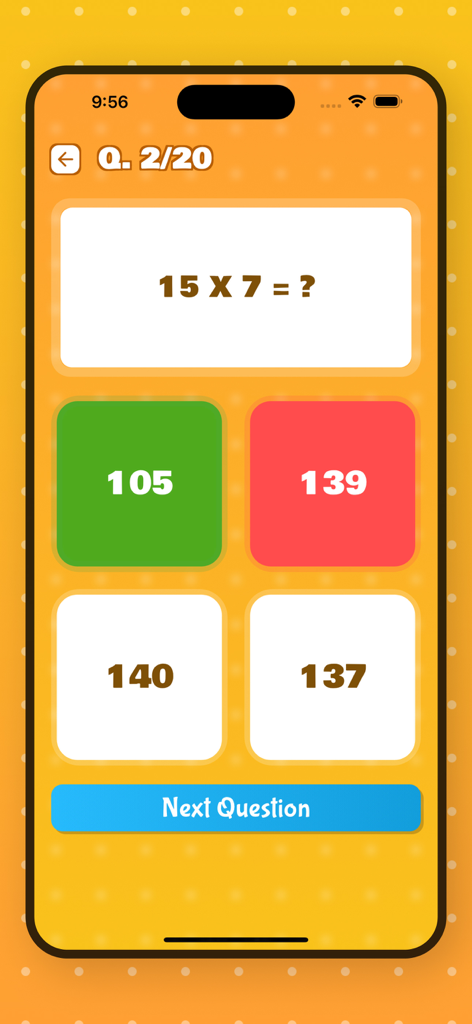 Maths Multiplication Table - Pantalla de cuestionario de multiplicación de matemáticas que muestra una pregunta de opción múltiple para niños