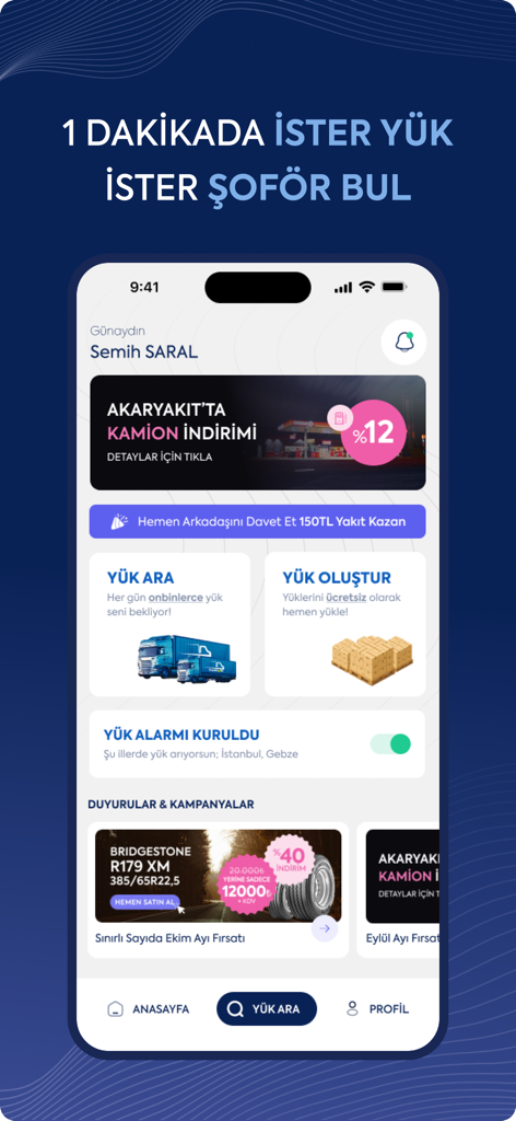 Kamion mobile app dashboard showing options for truck drivers to search for loads and shippers to post freight