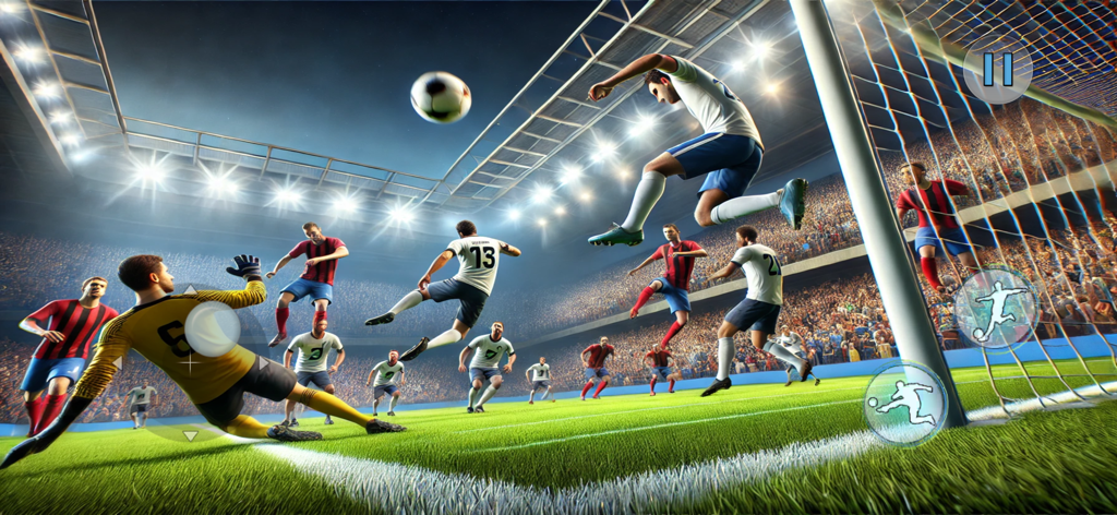 Real Football Soccer Star 2025 - A soccer player performs a header toward the goal while the goalkeeper dives in a crowded stadium.