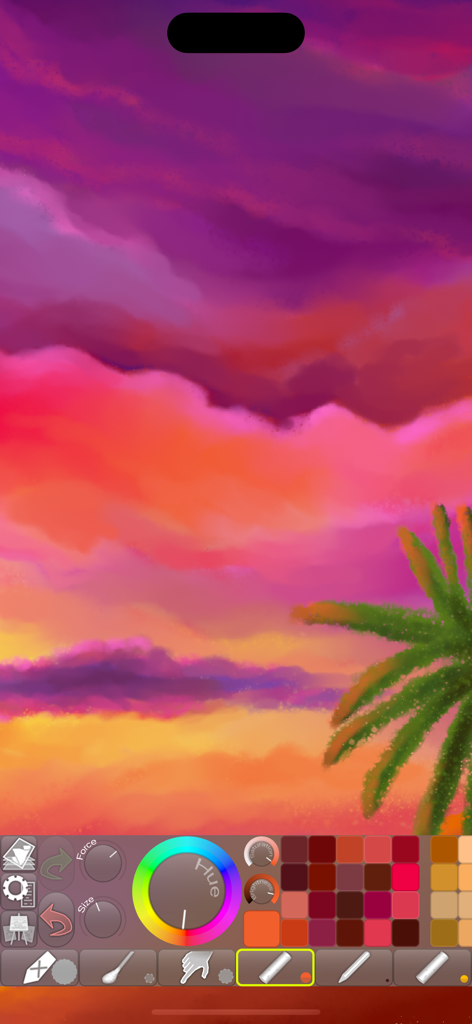iPastels - Dipinto digitale a pastello di un tramonto e una palma utilizzando gli strumenti di disegno dell'app iPastels e la tavolozza dei colori.