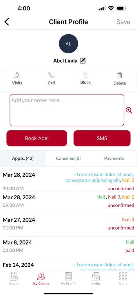 Ring My Barber: Booking App - Client profile screen in the Ring My Barber app displaying appointment history and management options.