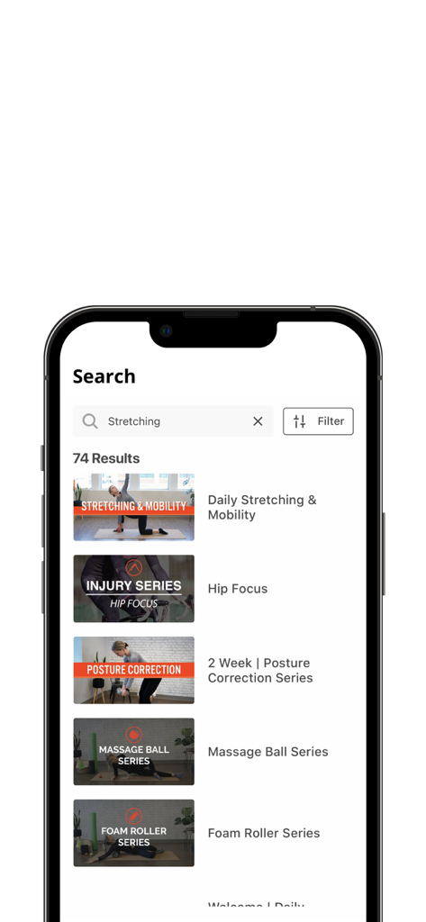 Dynamic Cyclist - Search screen in the Dynamic Cyclist app showing results for stretching and mobility video programs