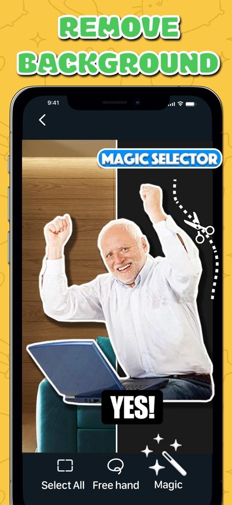 AI Sticker Maker - Funny Memes - AI sticker maker app using the magic selector tool to remove the background from a meme photo